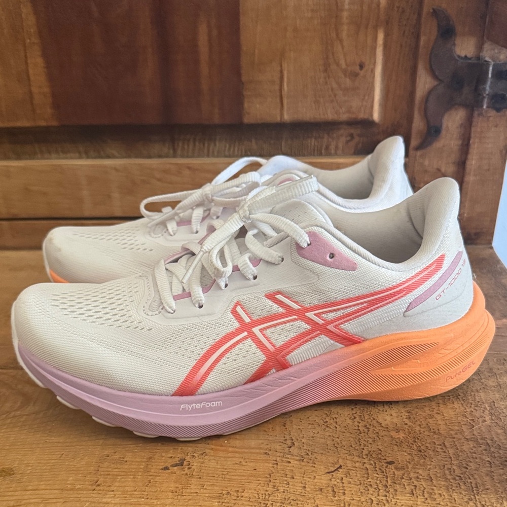 Asics Women's Athletic Shoes in Cream, Pink, and Orange